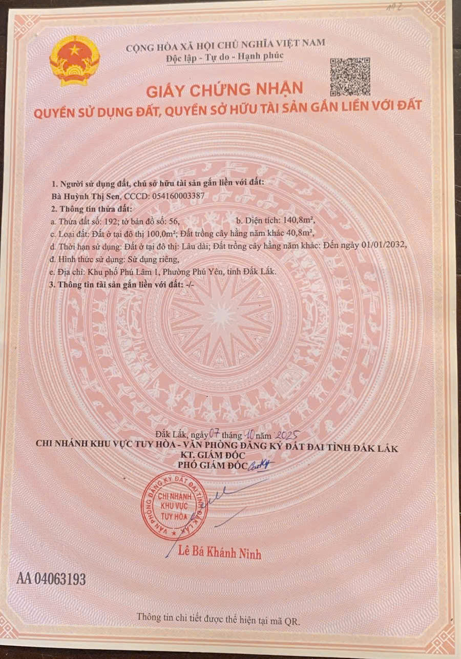 Chính chủ Bán 140,8m2 Đất Tại Trấn Rến, Khu Phố Phú Lâm 1, Phường Phú Yên, Đắk Lắk 4