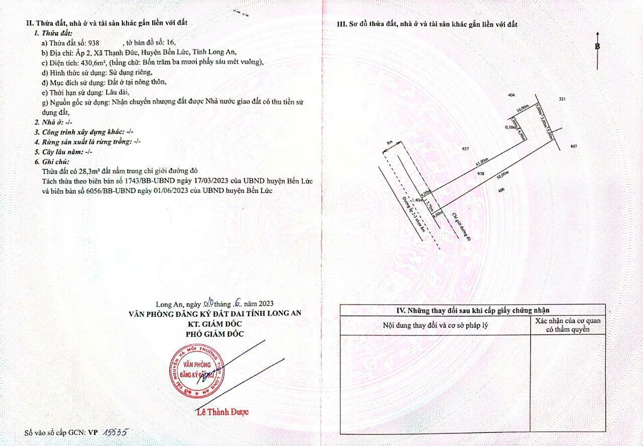 Bán đất thổ cư nở hậu đường liên ấp 2-3 , xã Thạnh Đức , Bến Lức dt 430m2 giá giảm còn 2 tỷ 5