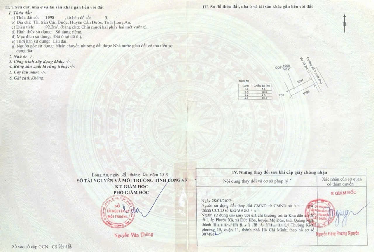 Bán nền thổ cư KDC 1B, đường Chu Văn An , thị trấn Cần Đước dt 92,2 m2 đường nhựa 5m giá 980 triệu 2