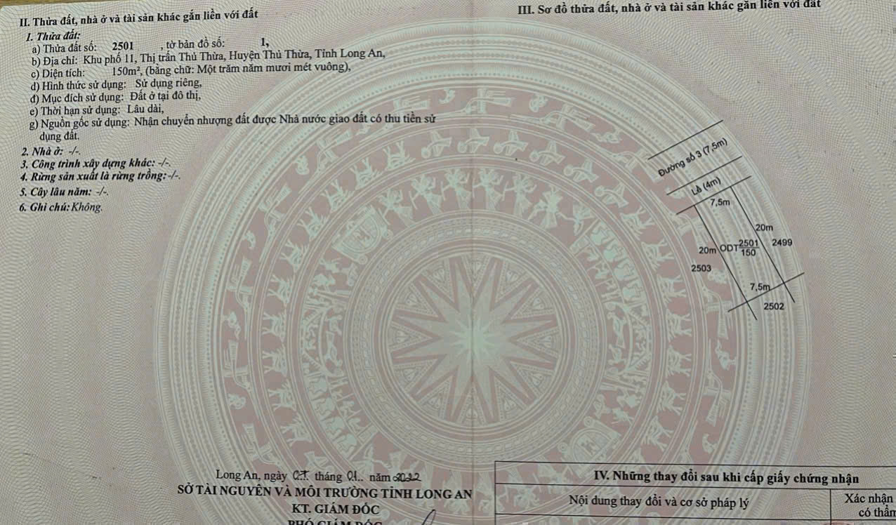 Bán lô đất xây biệt thự đẹp đường số 3, kp 11, thị trấn Thủ Thừa dt 150m2 full thổ giá 2,5 tỷ