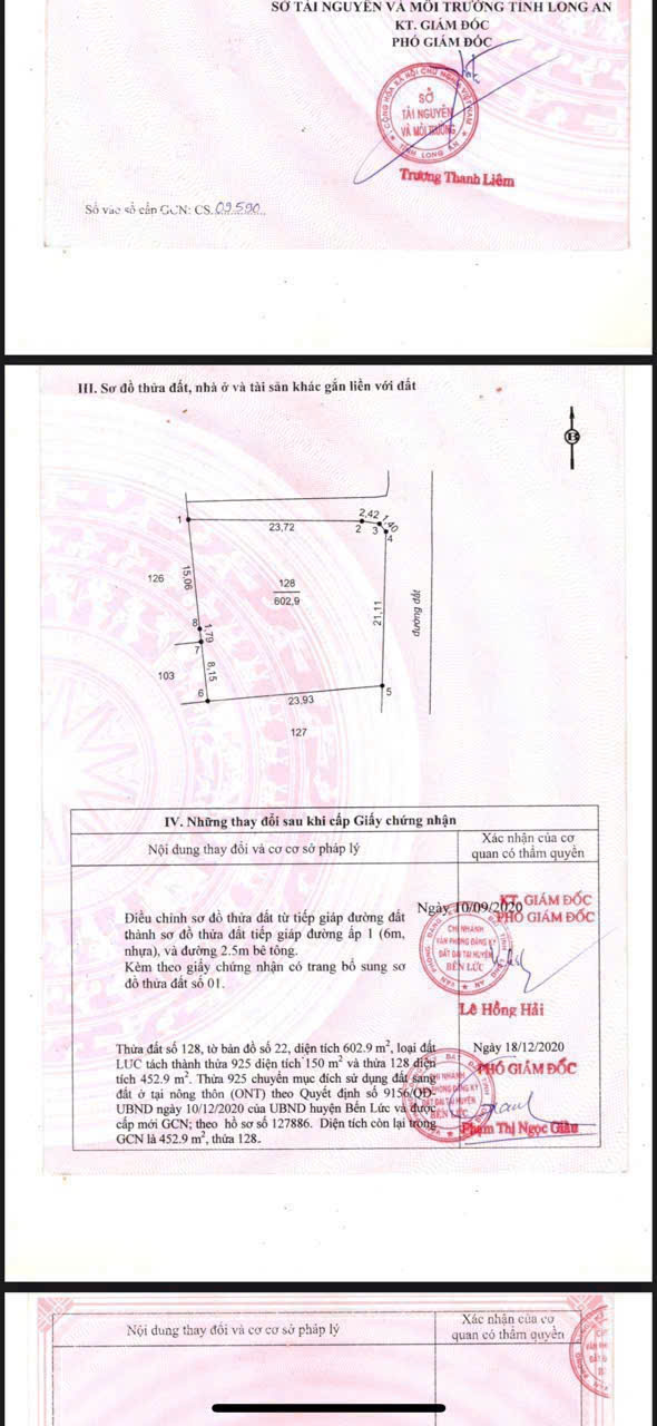 Bán đất thổ lúa vuông vức , đường beton xe 8 tấn xã Tân Bửu  tdt 600m2 ( 150m2 thổ ) giá 6 tỷ 3