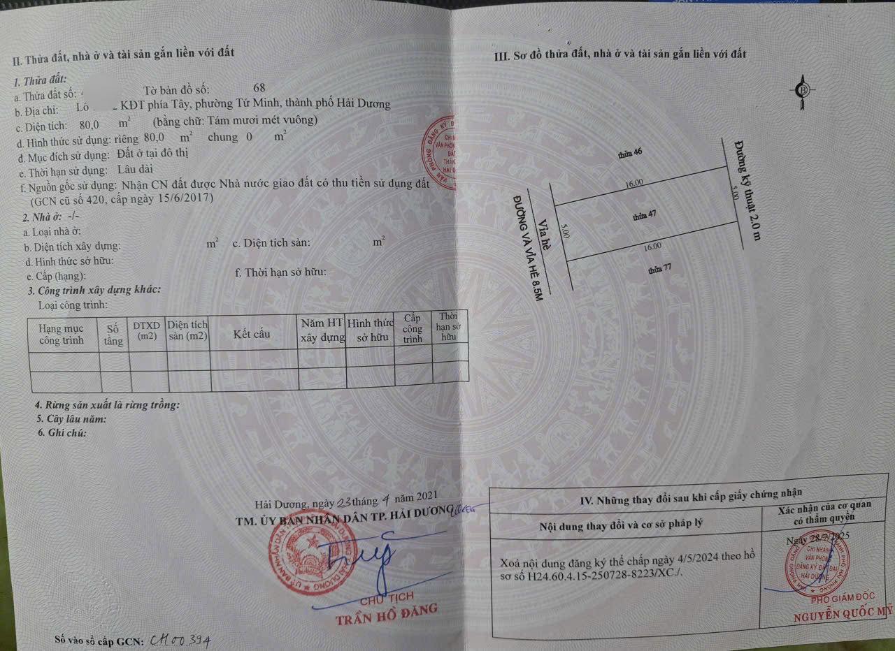 Bán lô đất 80m2 khu Vạn Lộc, ph Tứ Minh, TP HD, mặt tiền 5m, giá rất tốt, gần đường lớn