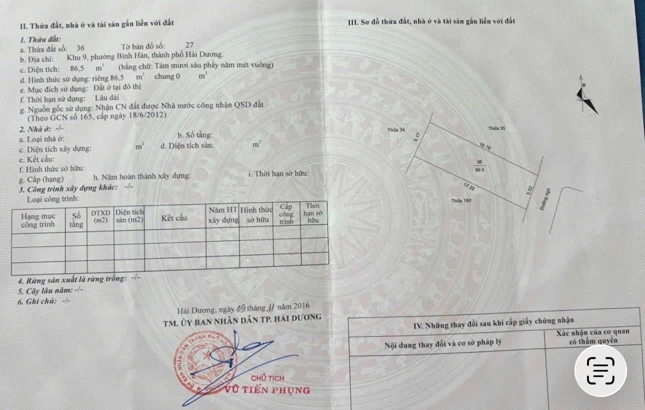 Bán lô đất mặt ngõ 15 phố Cựu Khê, ph Bình Hàn, TP HD, 86.5m2, mt 5.02m, đường oto 3