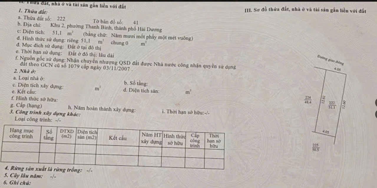 Bán căn nhà 1 tầng ngõ phố Trần Khát Chân, ph Thanh Bình, TP HD, 51.1m2, mt 4.05m, 2 ngủ 2