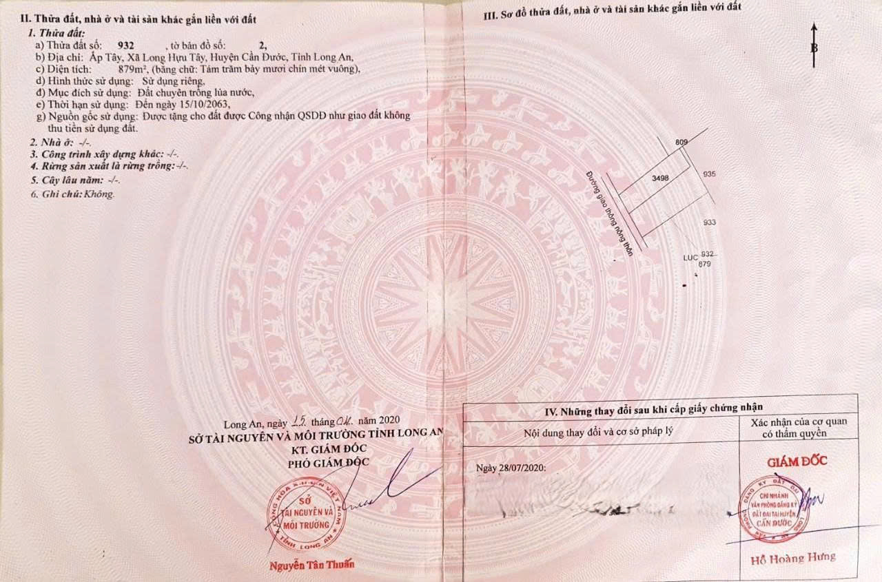 Đất lúa Óc Đảo Long Hựu 879m2 mt đường gtnt 7m giá rẻ 2 tỏi 4