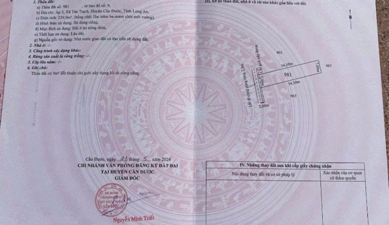 Bán đất Tân Trạch , Cần Đước tdt 1085m2 ( 239m2 thổ cư) thích hợp xây biệt thự, nhà vườn giá 2,45t 3