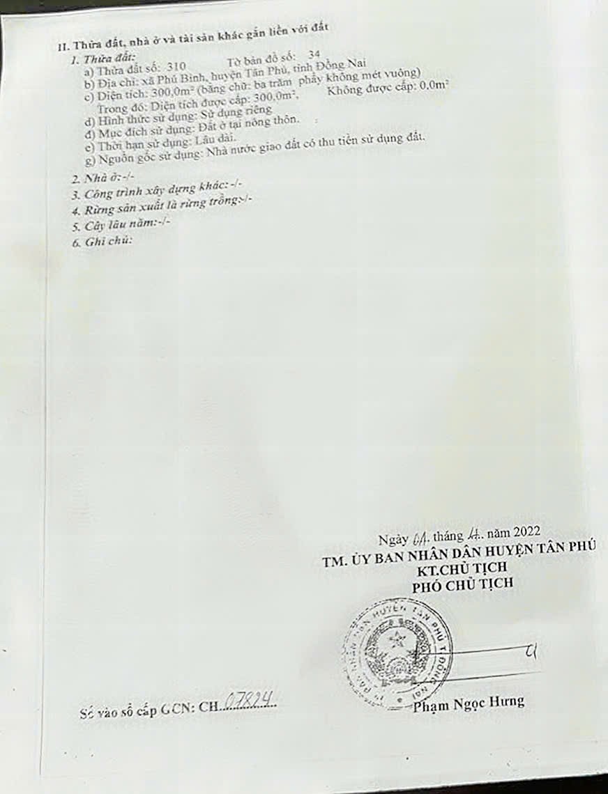 Chính Chủ Bán 300m2 Đất Full Thổ Cư Tại Xã Phú Bình, Huyện Tân Phú, Đồng Nai