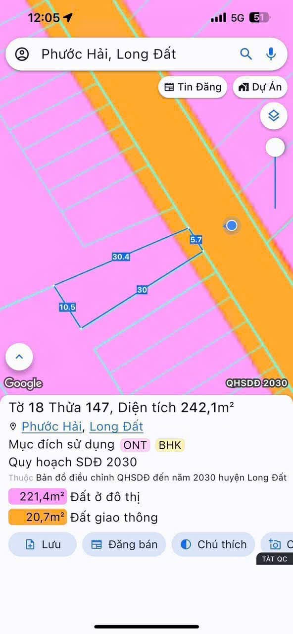 Cần bán Đất đường Tỉnh lộ 44B, Thị trấn Phước Hải, Diện tích 242m², Giá 1.1 Tỷ