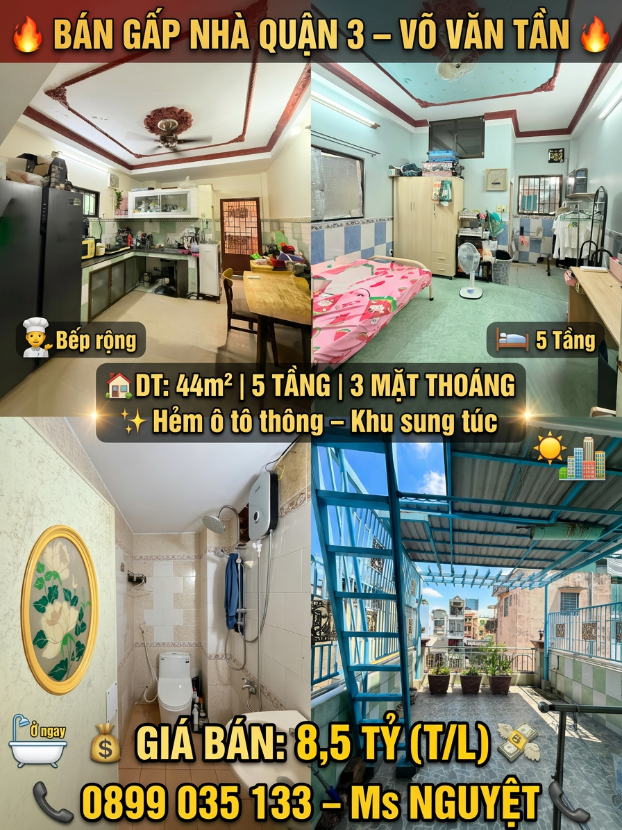 Cần bán Nhà ở, nhà cấp 4, nhà hẻm đường Võ Văn Tần, Phường 5, Diện tích 44m², Giá 8500 Triệu 5