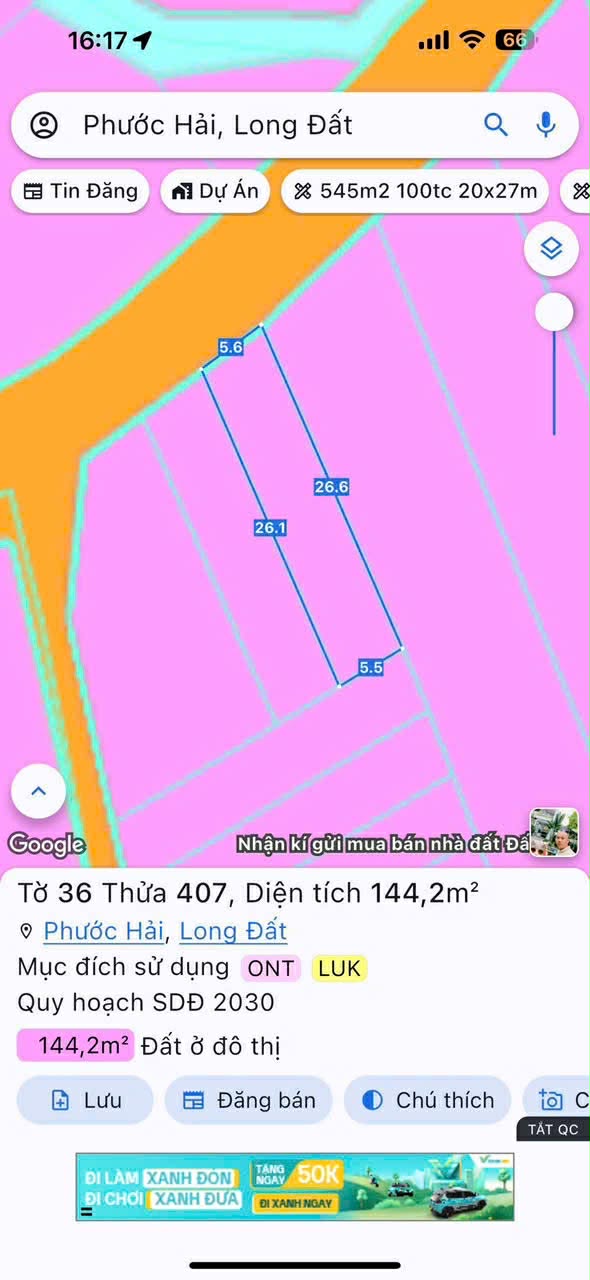 Cần bán Đất đường Tỉnh lộ 44B, Thị trấn Phước Hải, Diện tích 144m², Giá 1 Tỷ 2