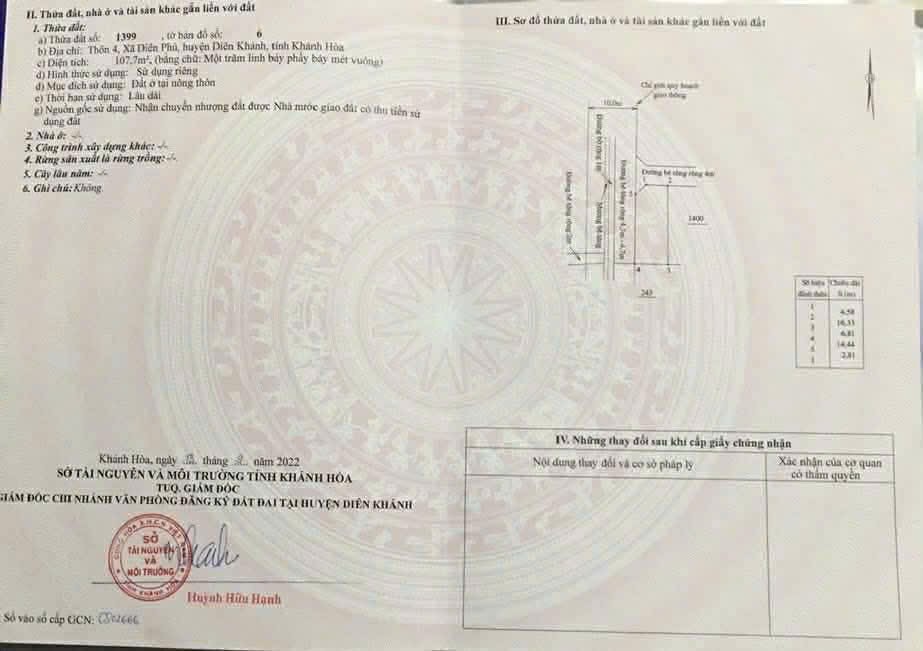 Bán đất Diên Phú thôn 4 full thổ cư giáp ranh khu tái định cư đường thông 7