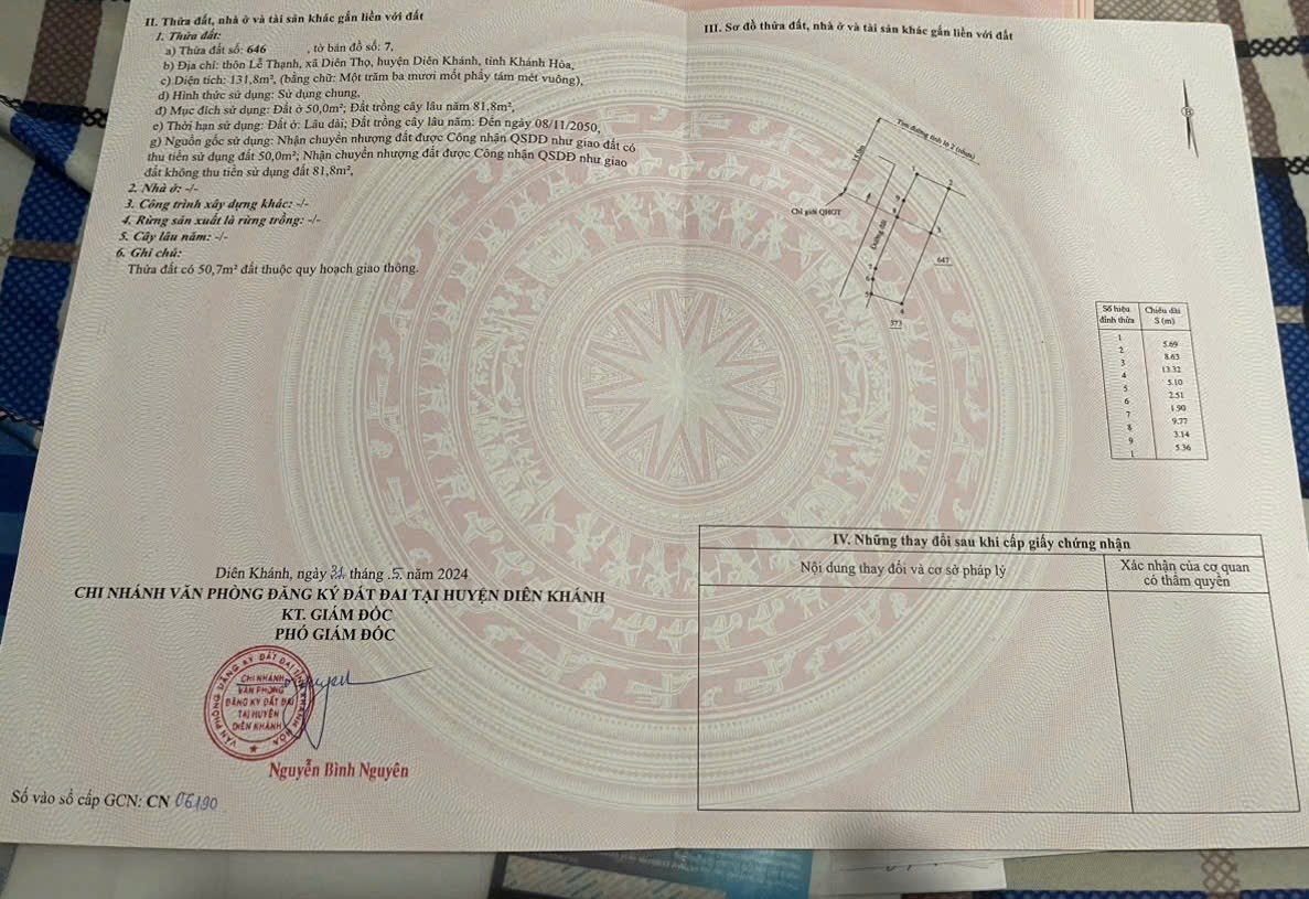 Bán đất mặt tiền Tỉnh Lộ 2 - Diên Thọ ngay khu dân cư sầm uất thôn Lễ Thạnh 7