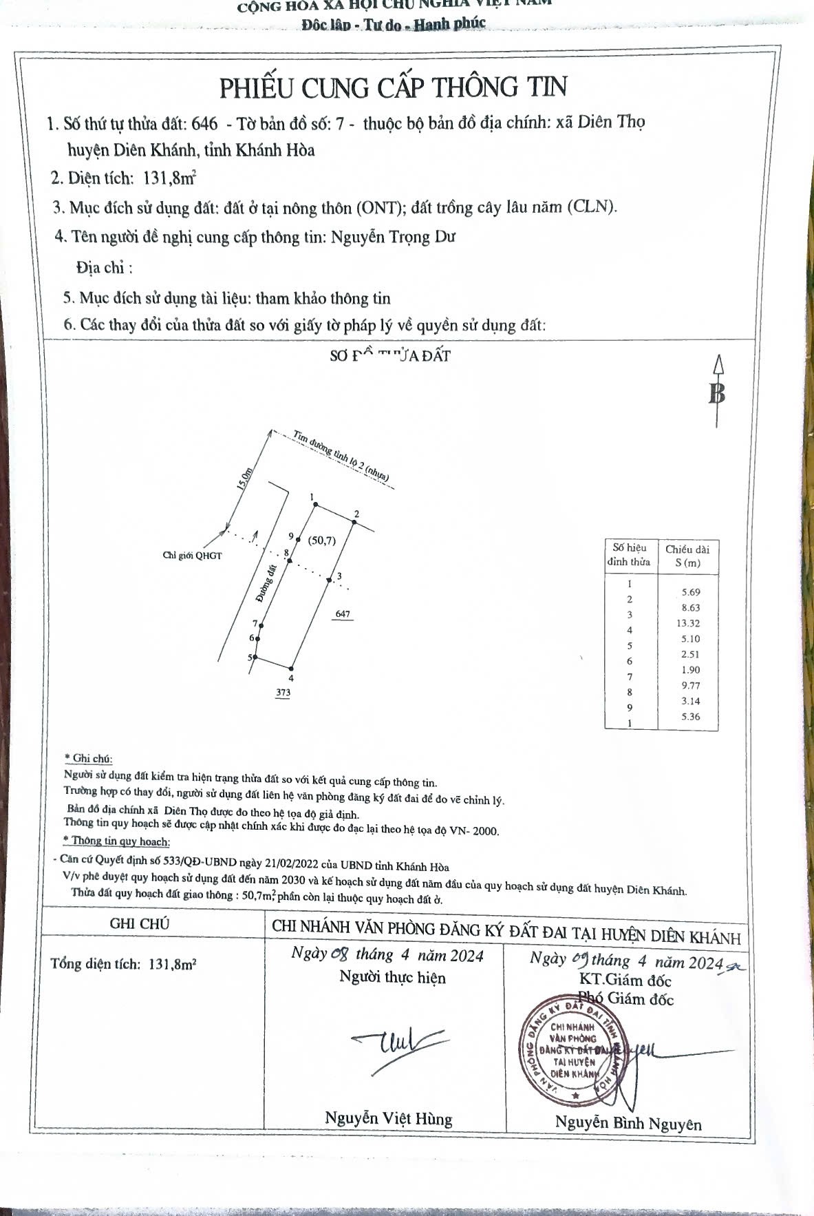 Bán đất mặt tiền Tỉnh Lộ 2 - Diên Thọ ngay khu dân cư sầm uất thôn Lễ Thạnh 8