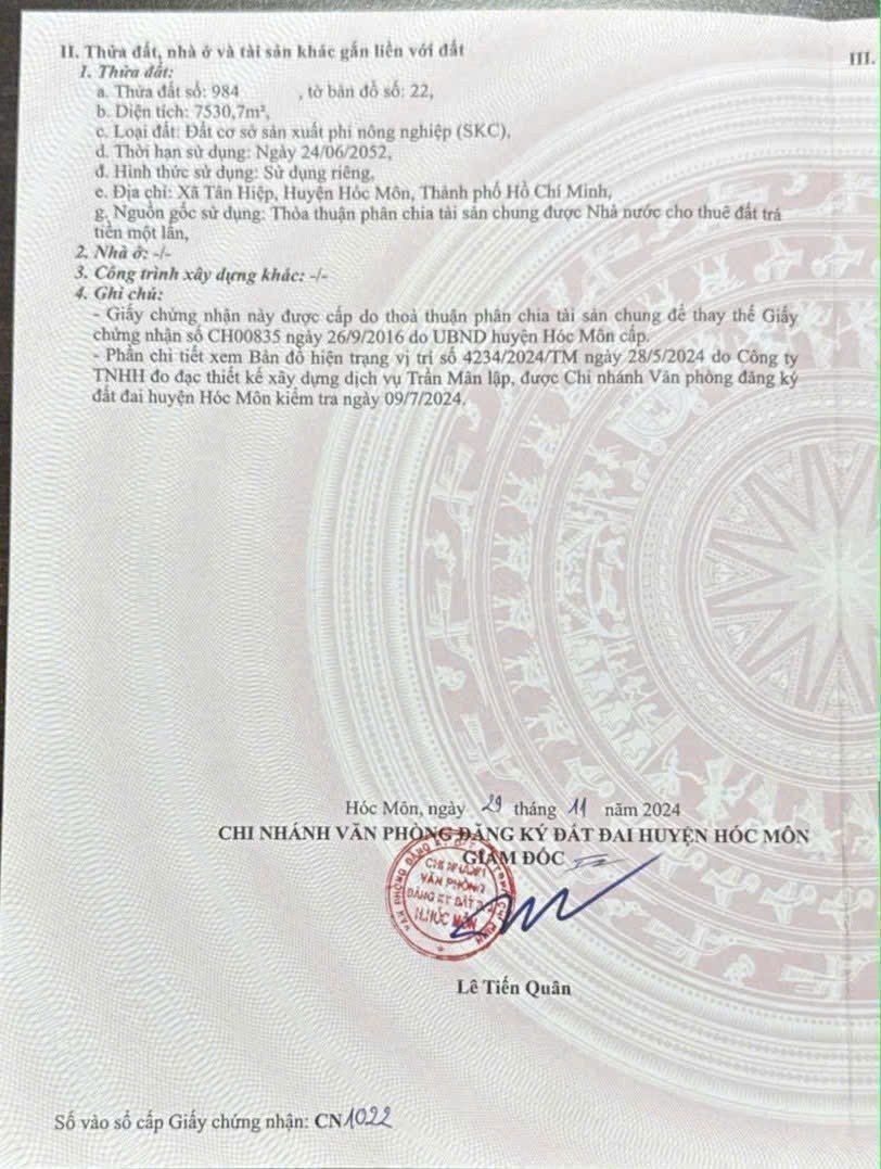 ĐẤT SKC 7.530m² – 1/ QL22 – GIÁ CHỈ 6,8TR/M² XÃ TÂN HIỆP, HÓC MÔN