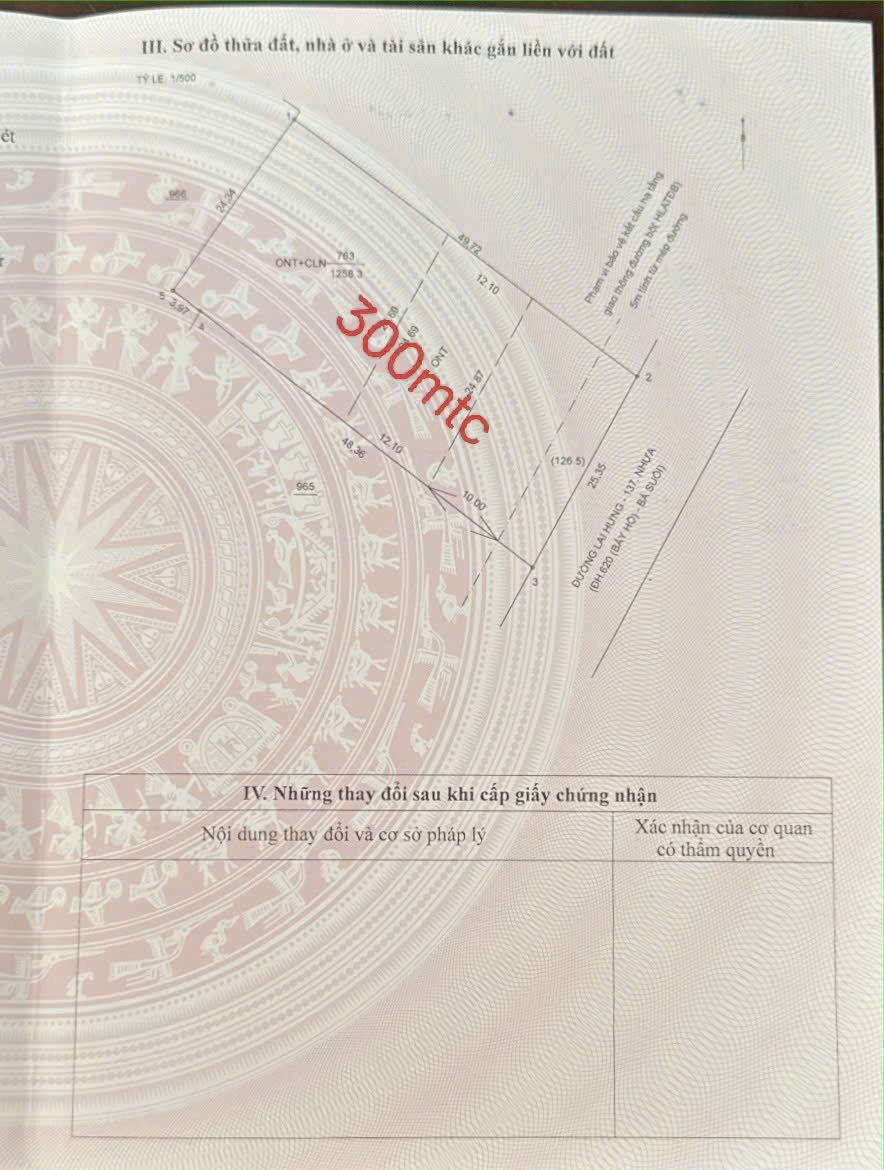 Bán đất mặt tiền Lai Hưng 137, Bến Cát tdt 1258m2 ( 300m2 thổ ) giá 7 tỷ 3