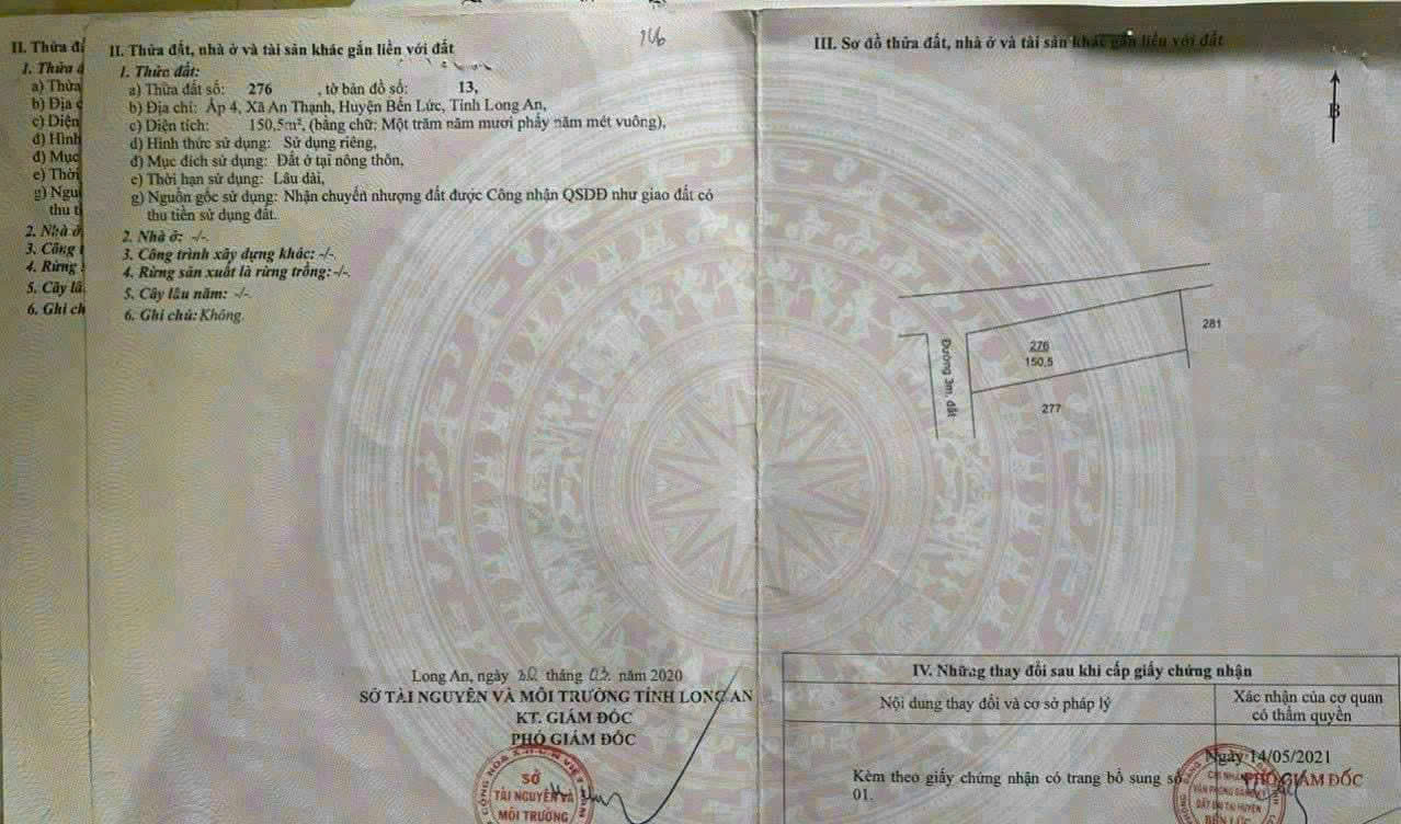 Bán đất 2 mặt tiền An Thạnh, Bến Lức dt 302m2 full thổ giá giảm còn 2,3 tỷ 2