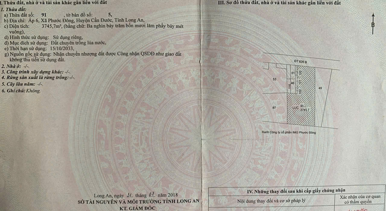 Bán đất mặt tiền tỉnh lộ 826b xã Phước Đông, Cần Đước dt 4000m2 ( 500m2 thổ ) giá chốt 25 tỷ 5