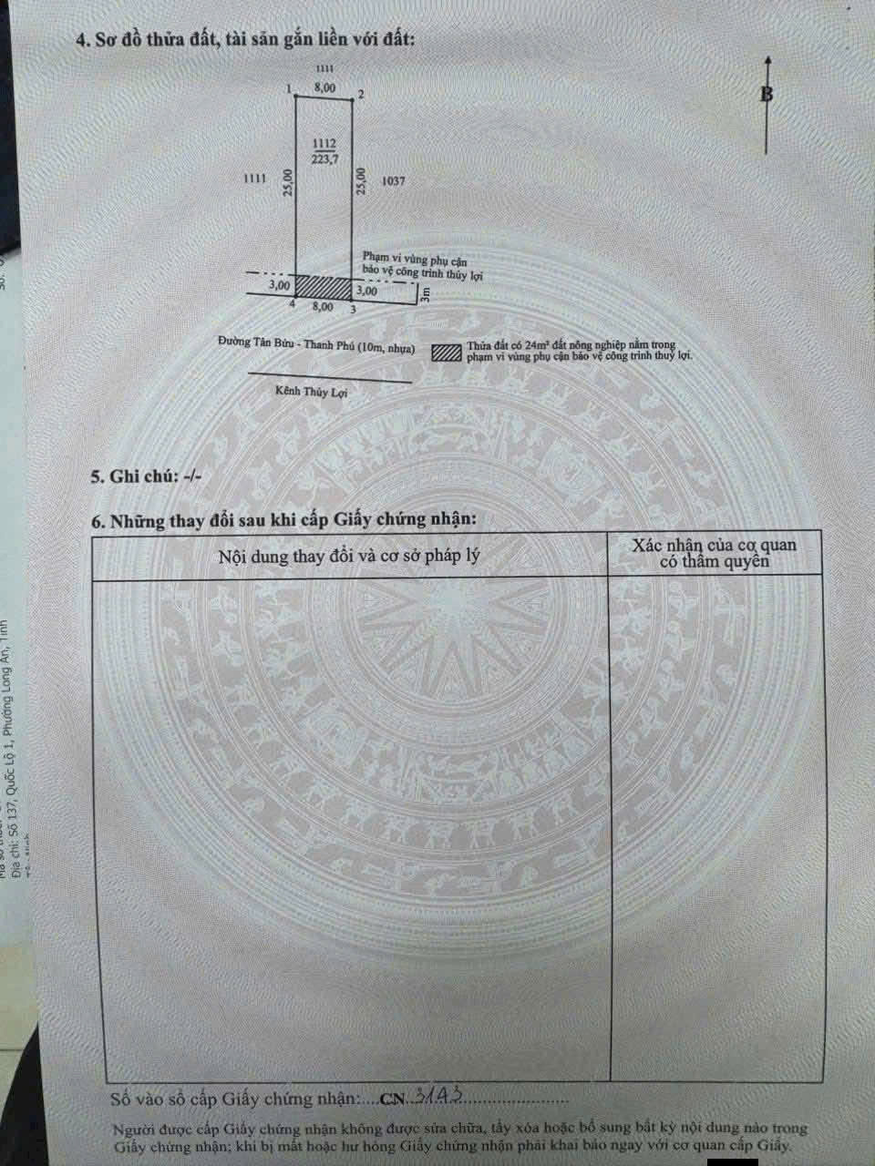 Bán đất mt đường Tân Bửu-Thanh Phú,xã Tân Bửu dt 224m2 (200m2 thổ) giá 3,5 tỷ 4