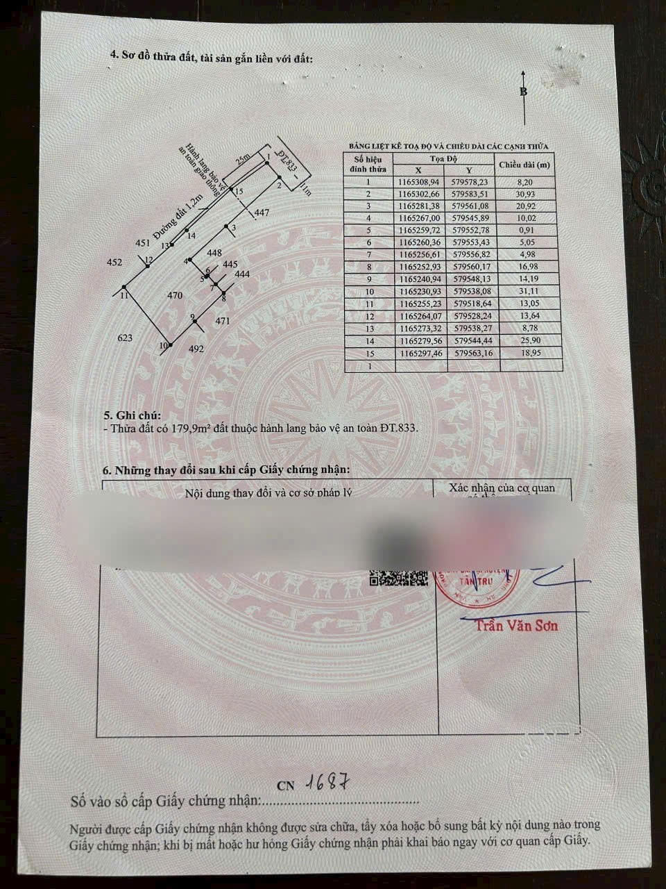 Bán đất tặng nhà cấp 4 hoàn công ĐT 833 tdt 1916m2 ( 300m2 thổ ) Bình Lãng , Tân Trụ giá 6,5 tỷ