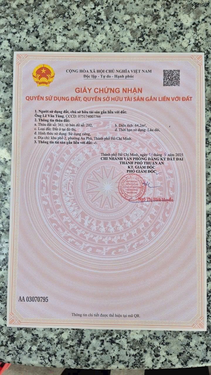 ĐẤT 64M2 FULL THỔ- HẺM XE 1/ NGUYỄN DU 64M - NGAY CỔNG SAU VSIP 1 - GẦN KDC THANH BÌNH