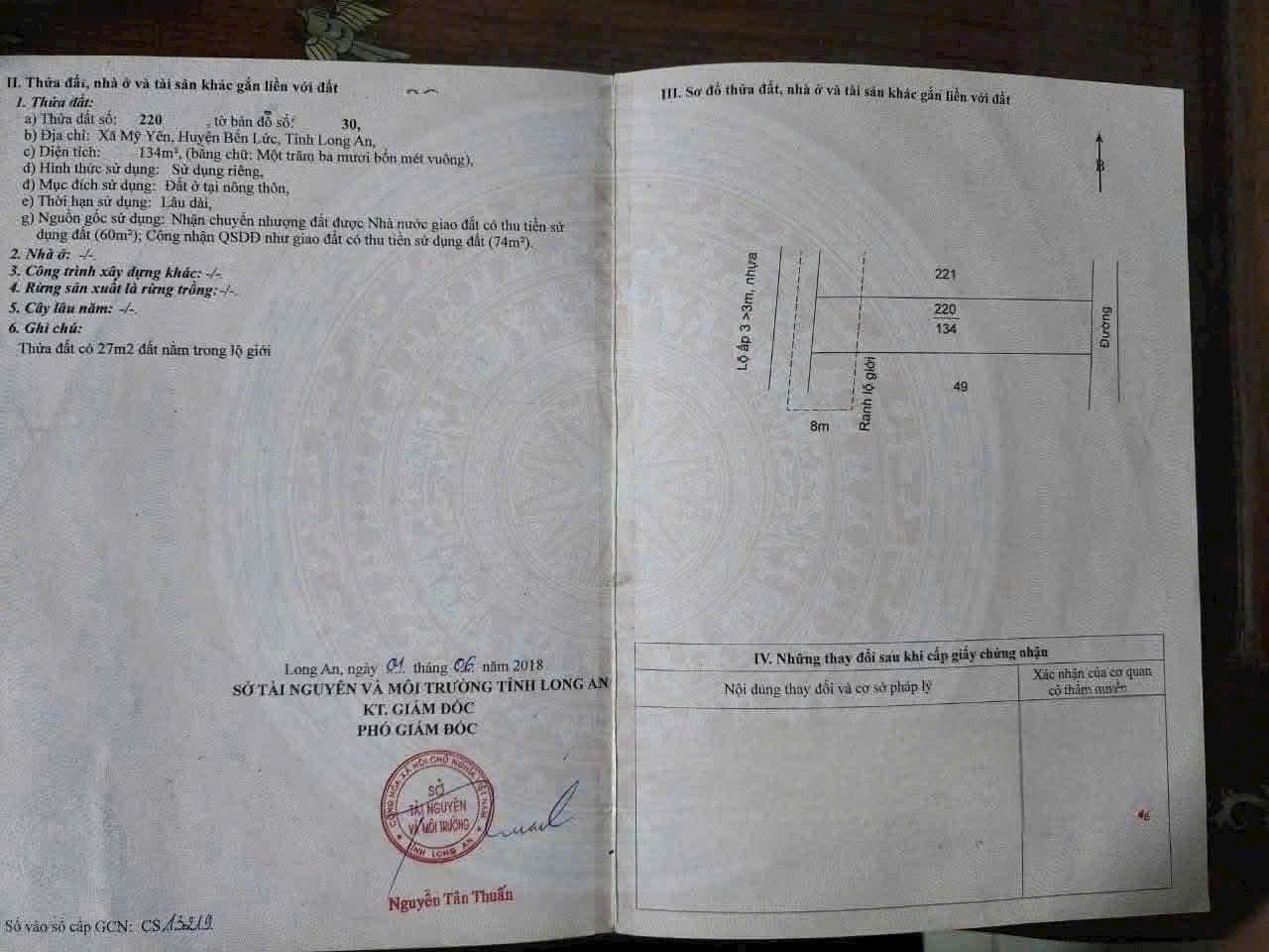 Bán đất thổ cư 2 mặt tiền đường beton xe tải xã Mỹ Yên , Bến Lức dt 134m2 giá 2,45 tỷ 2