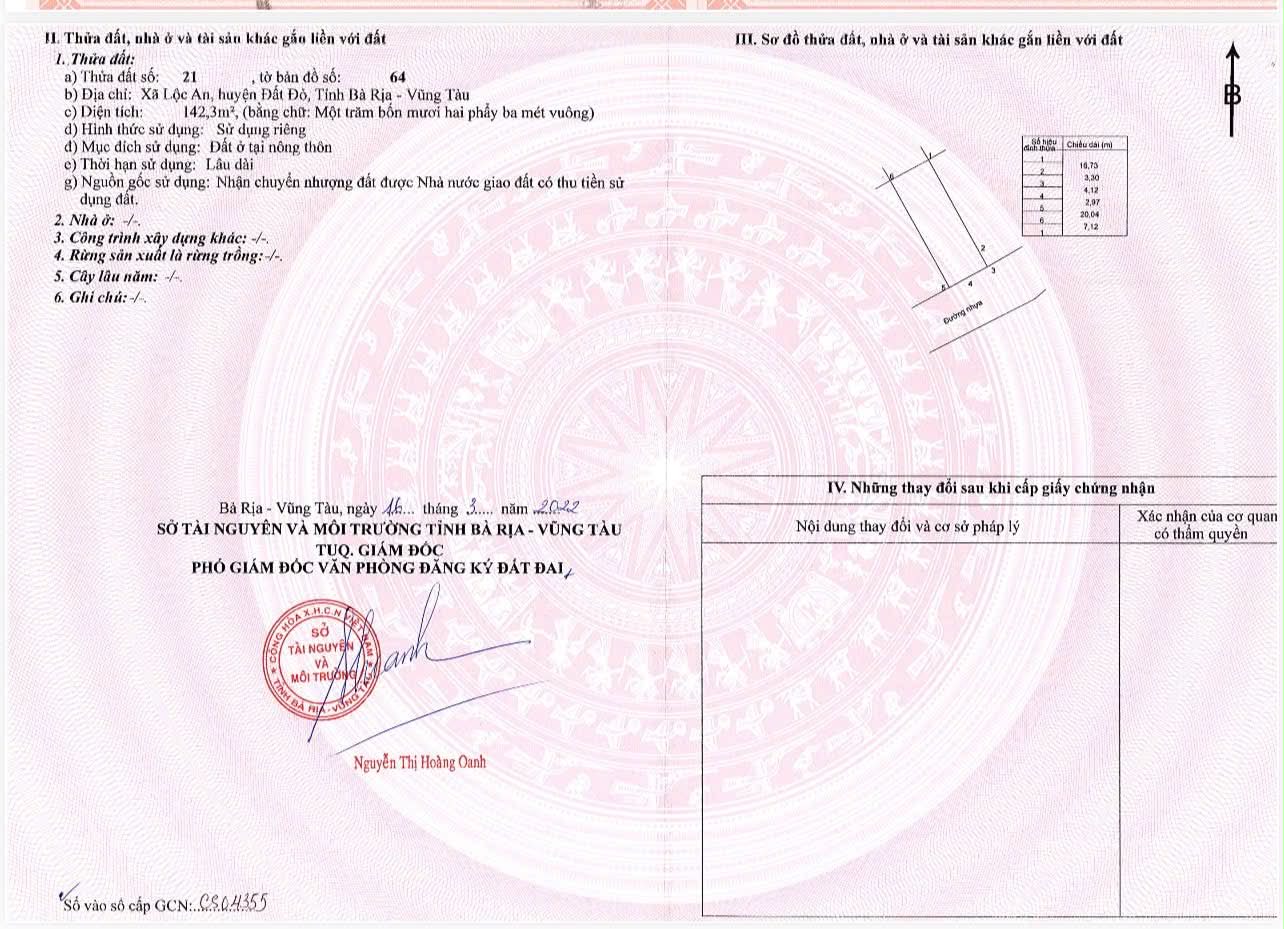 Cần bán Đất đường Võ Văn Kiệt, Xã Lộc An, Diện tích 142m², Giá 01.55 Tỷ