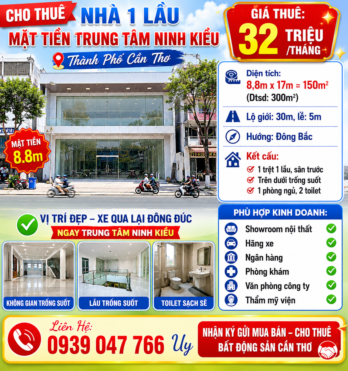 Cho thuê nhă 1 lầu ngang 8.8m Trung Tâm Ninh Kiều Thành Phố Cần Thơ