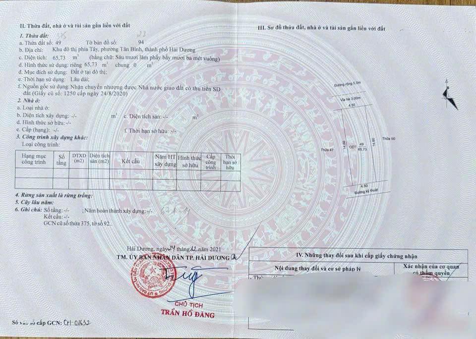Bán lô đất chia lô khu Vịt Cỏ Hồ Sen, phường Tân Bình, TP Hải Dương, 65.75m2, mt 4.5m, chỉ 3.6x tỷ 4