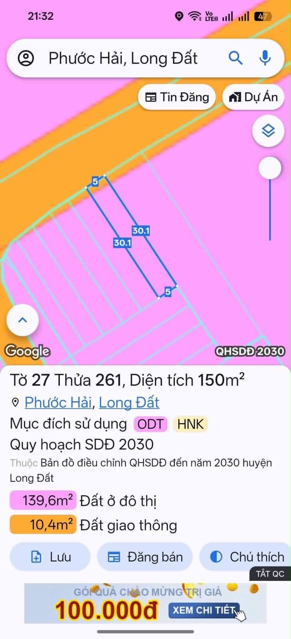 Cần bán Đất đường Tỉnh lộ 44B, Thị trấn Phước Hải, Diện tích 150m², Giá 900 Triệu
