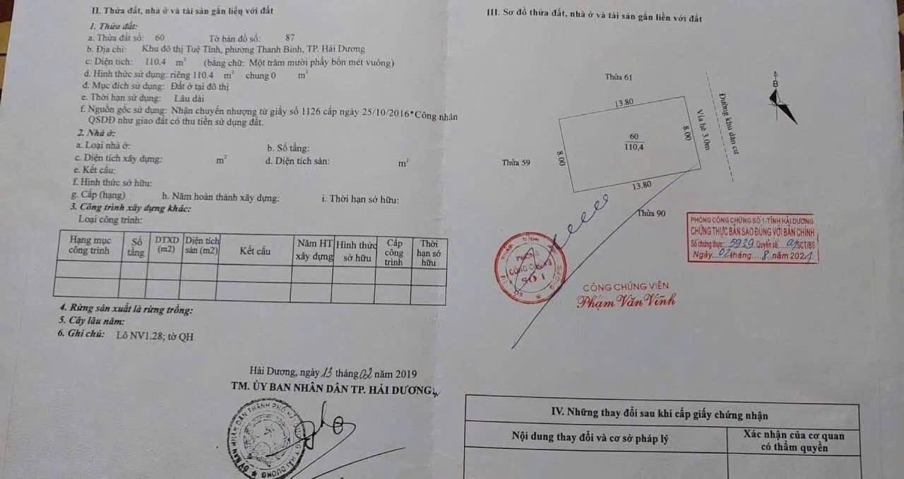 Bán lô đất nhà vườn 1 KĐT Tuệ Tĩnh, phường Cẩm Thượng, TP Hải Dương, 110.4m2, mt 8m, giá tốt 5