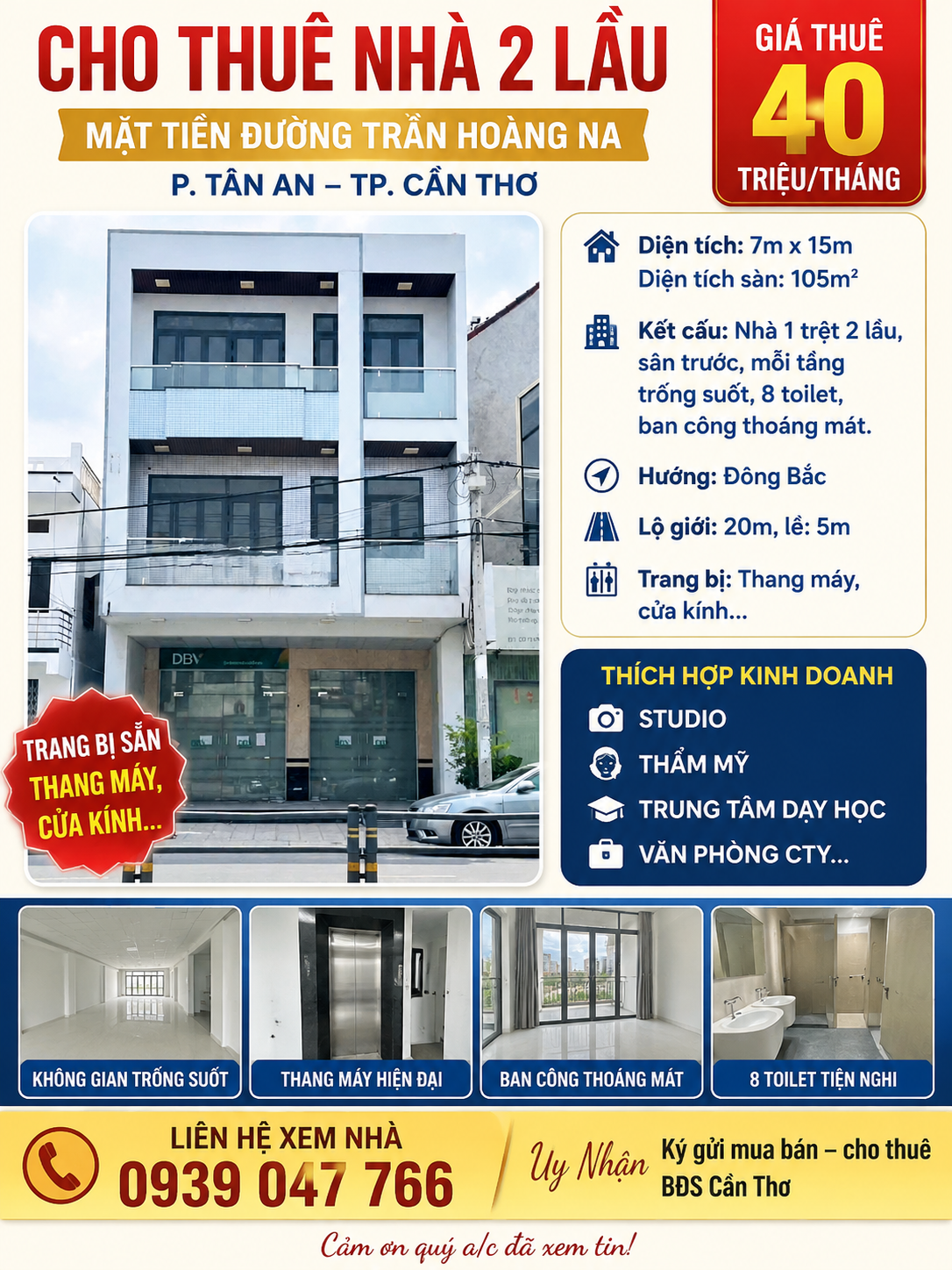 Cho thuê Nhà mặt tiền đường Trần Hoàng Na, Phường Hưng Lợi, Diện tích 105m², Giá 40 Triệu/tháng