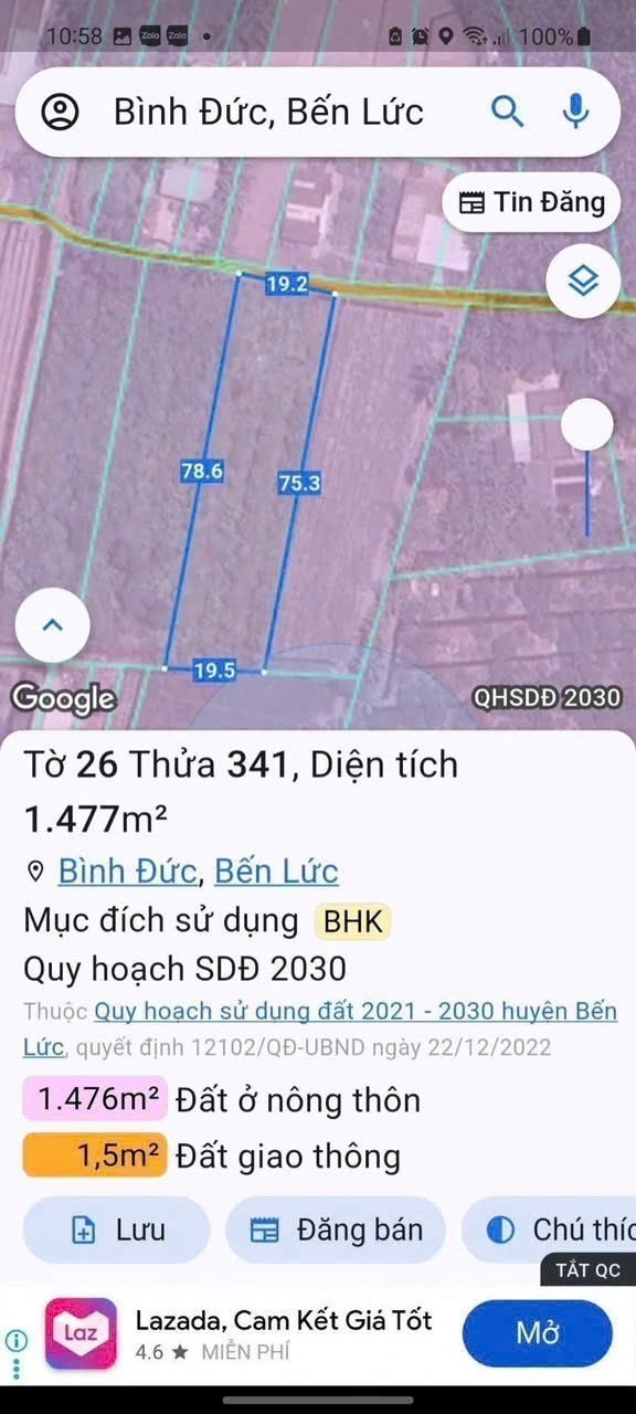 Bán đất vườn xã Bình Đức, Bến Lức đường oto đá xanh tới đất dt 1469m2 giá 1,75 tỷ 2