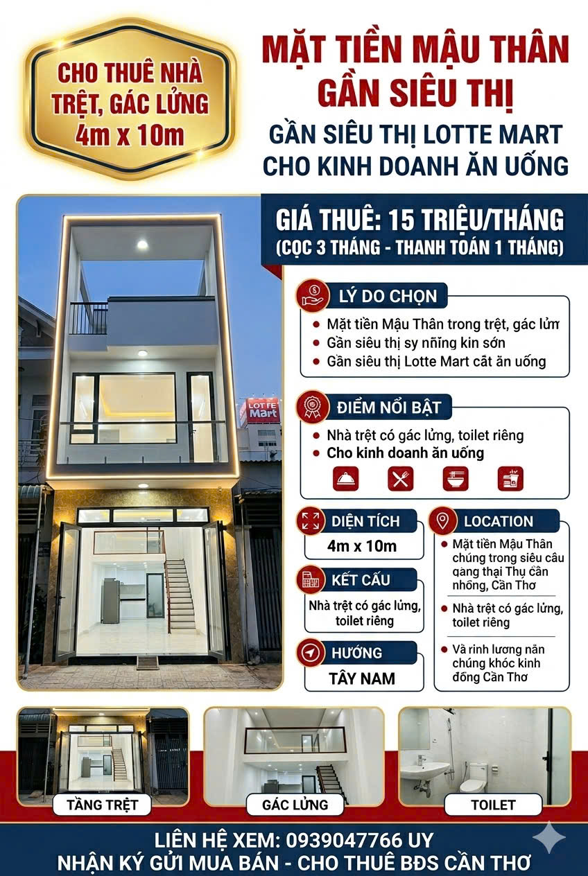 Cho thuê Nhà mặt tiền đường Mậu Thân, Phường Cái Khế, Diện tích 60m², Giá 15 Triệu/tháng