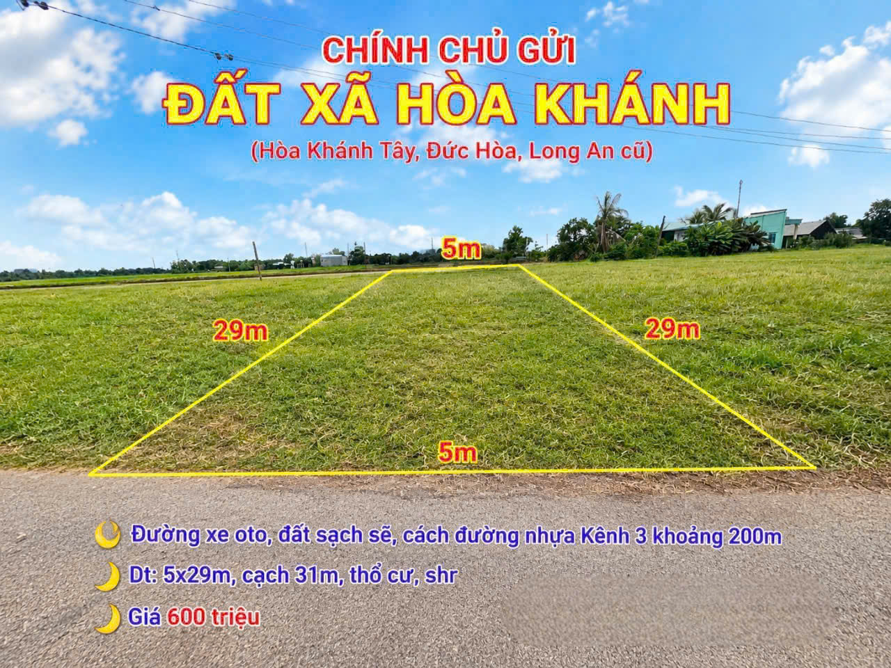 Bán đất thổ cư hẻm oto đá xanh xã Hòa Khánh Tây , Đức Hòa , Long An dt 150m² giá 600 triệu 2