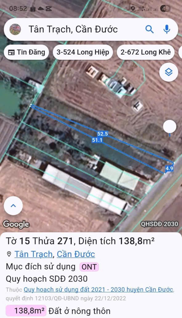 Bán đất 2 mặt tiền đường huyện 19, Tân Trạch, Cần Đước dt 482m2 full thổ giá chốt 3 tỷ 5