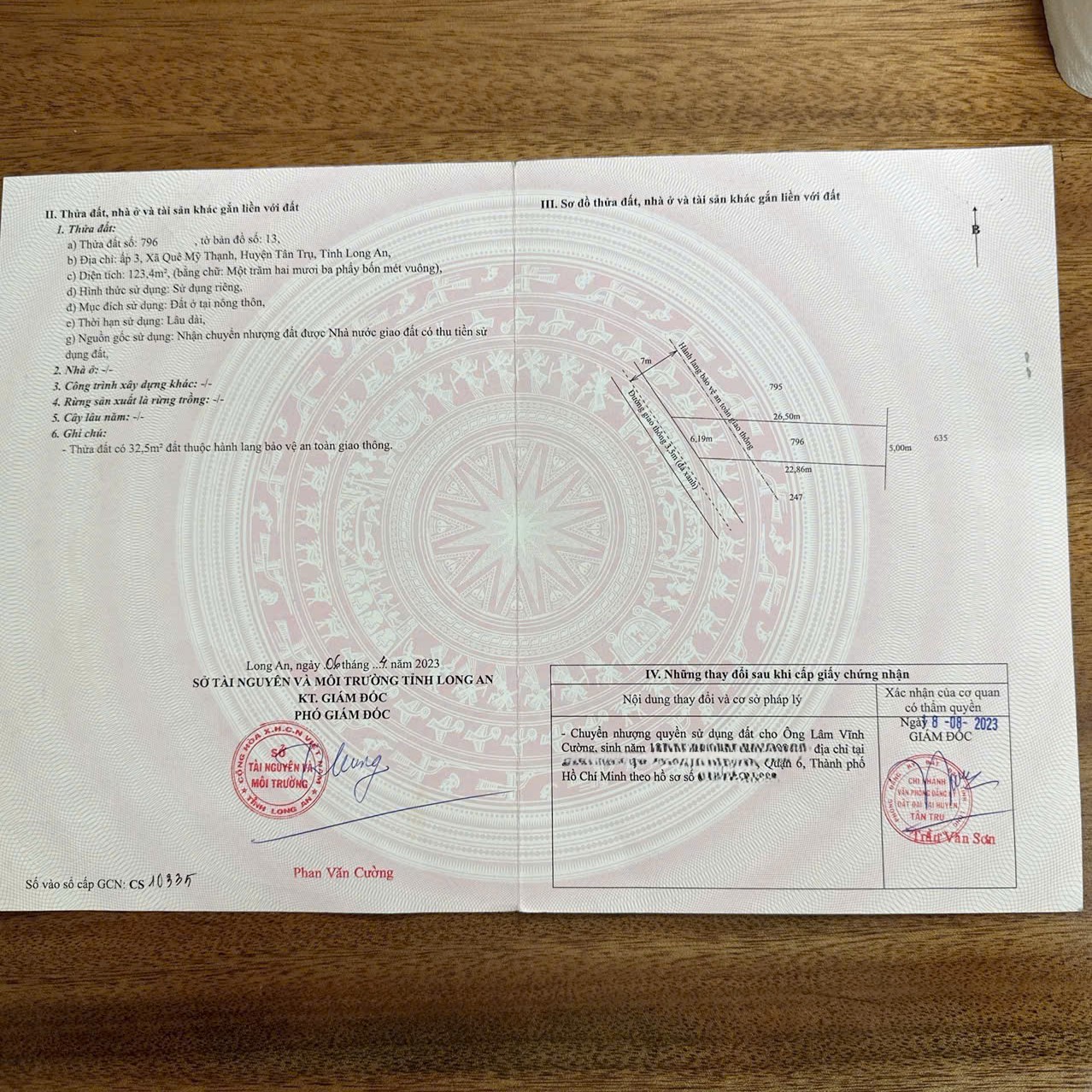 Bán nền thổ cư đường đá xanh 3,5m , xã Quê Mỹ Thạnh , Tân Trụ dt 123m2 giá 380 triệu 2